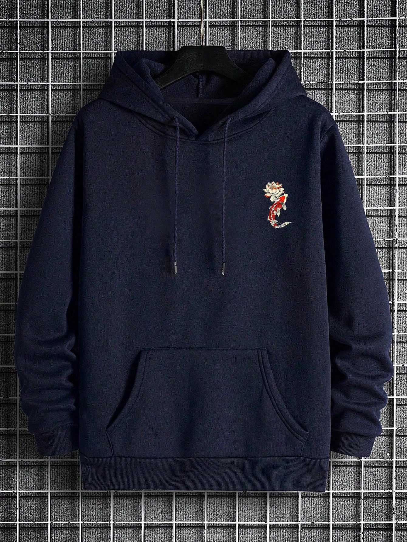 Beautiful Japanese Lotus Koi Prints Daily Comfy Hooded Casual Basics Clothing AutumnPocket Streetwear Classic Loose Pullovers M260312