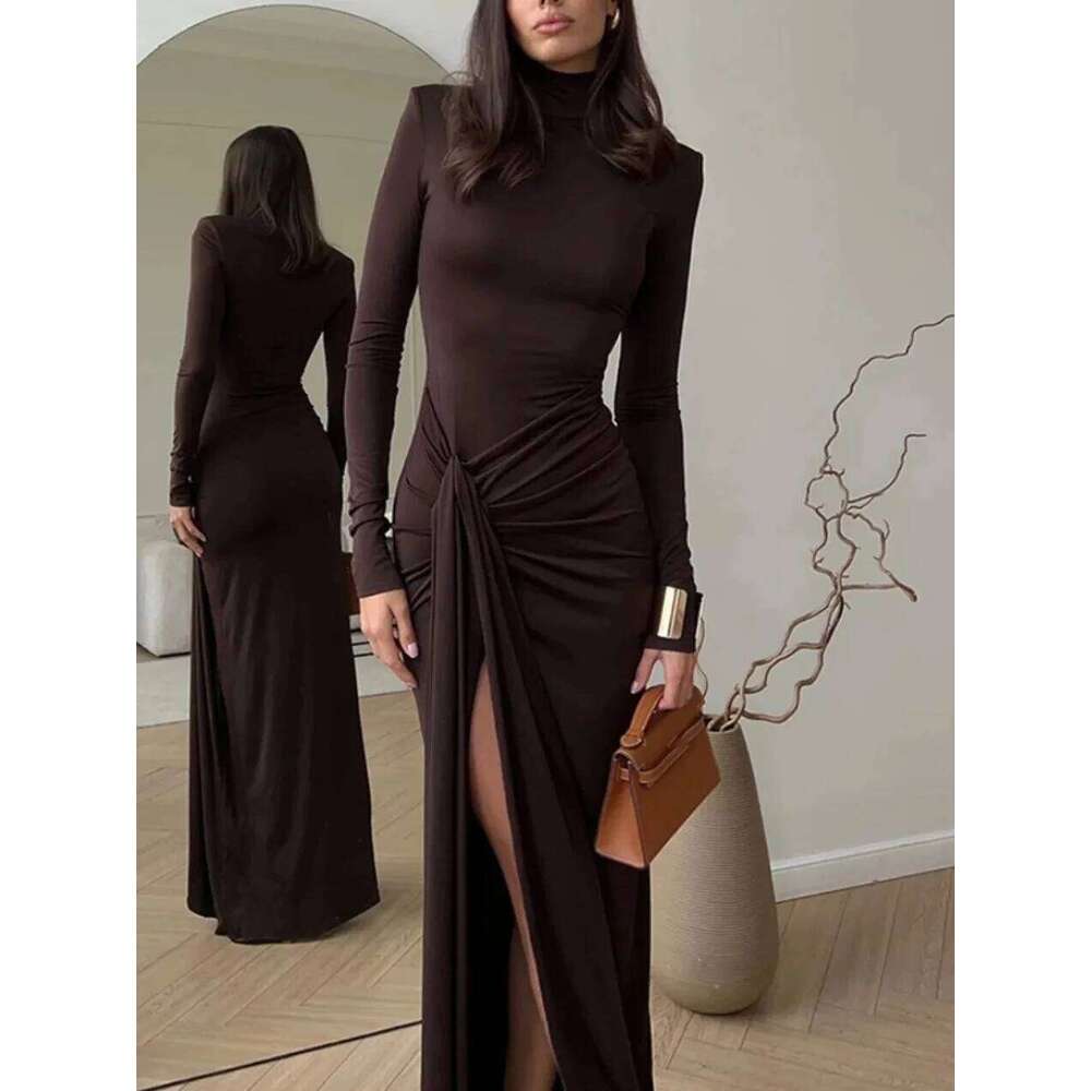 Womens Dresses Autumn and Winter Fashion Sexy High-neck Long-sleeve Solid Color with Waist Tie Club Long Dress C260312