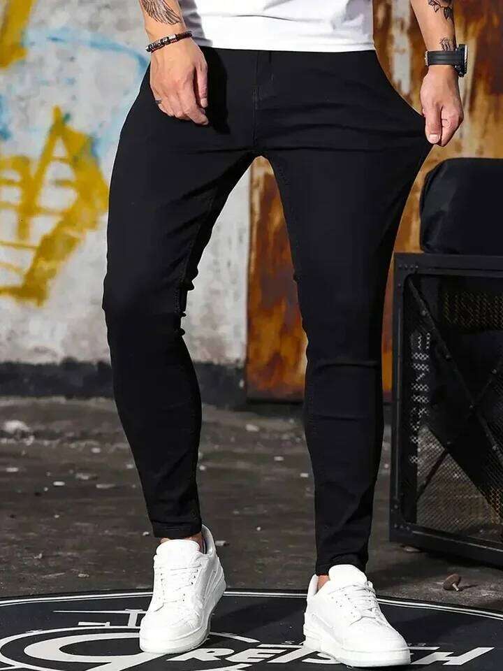 Men Jeans Stretch Skinny Denim Pants Solid Color Black Blue Spring Luxury Street Harajuku Hip-Hop Style Slim Fit Trousers Brand 26Y0312