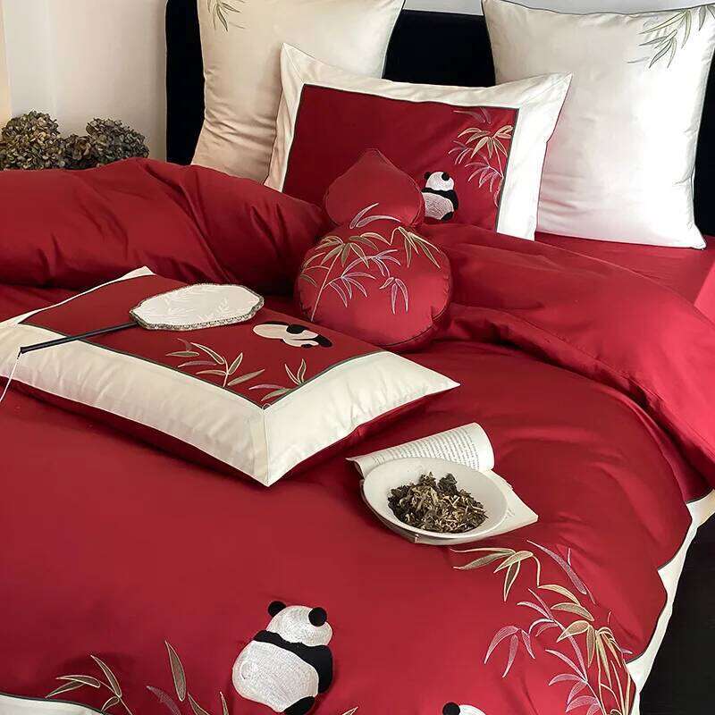 New Chinese embroidered panda 100S long-staple four-piece cotton quilt cover bed sheet bedding H260312