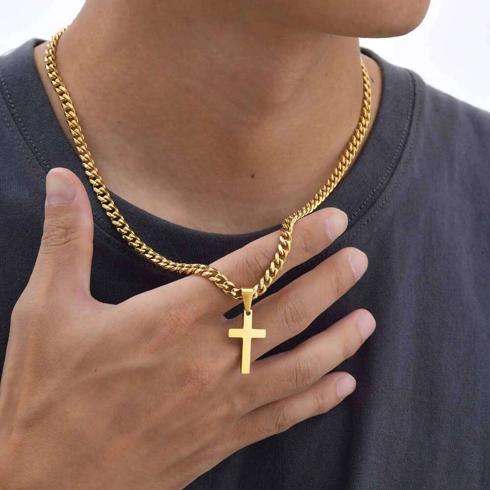 High Quality Cross Necklace for Men Boys,Stainless Steel Pendant with 5MM Cuban Chan,Classic Simple Jewelry Gift H260311
