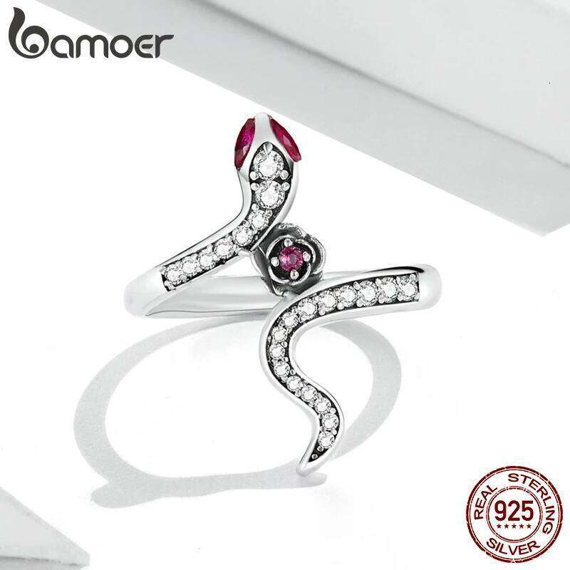 Bamoer 925 Sterling Silver Snake & Rose for Personality Cool Fashion Women Statement Ring H260312