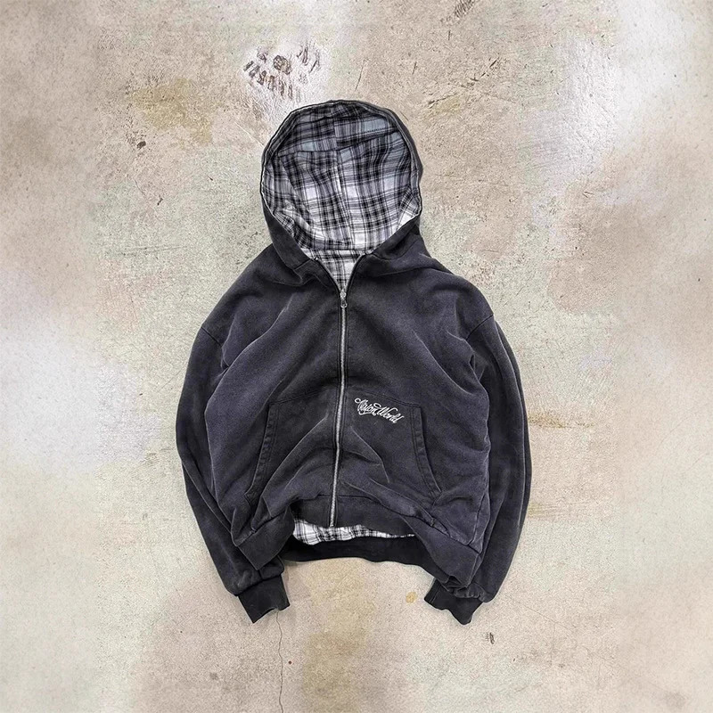 American Retro Reversible Plaid Zipper Hoodie Sweatshirt Mens Womens Casual Plaid Sweatshirt Solid Color Lining Y2K Street Style 260311