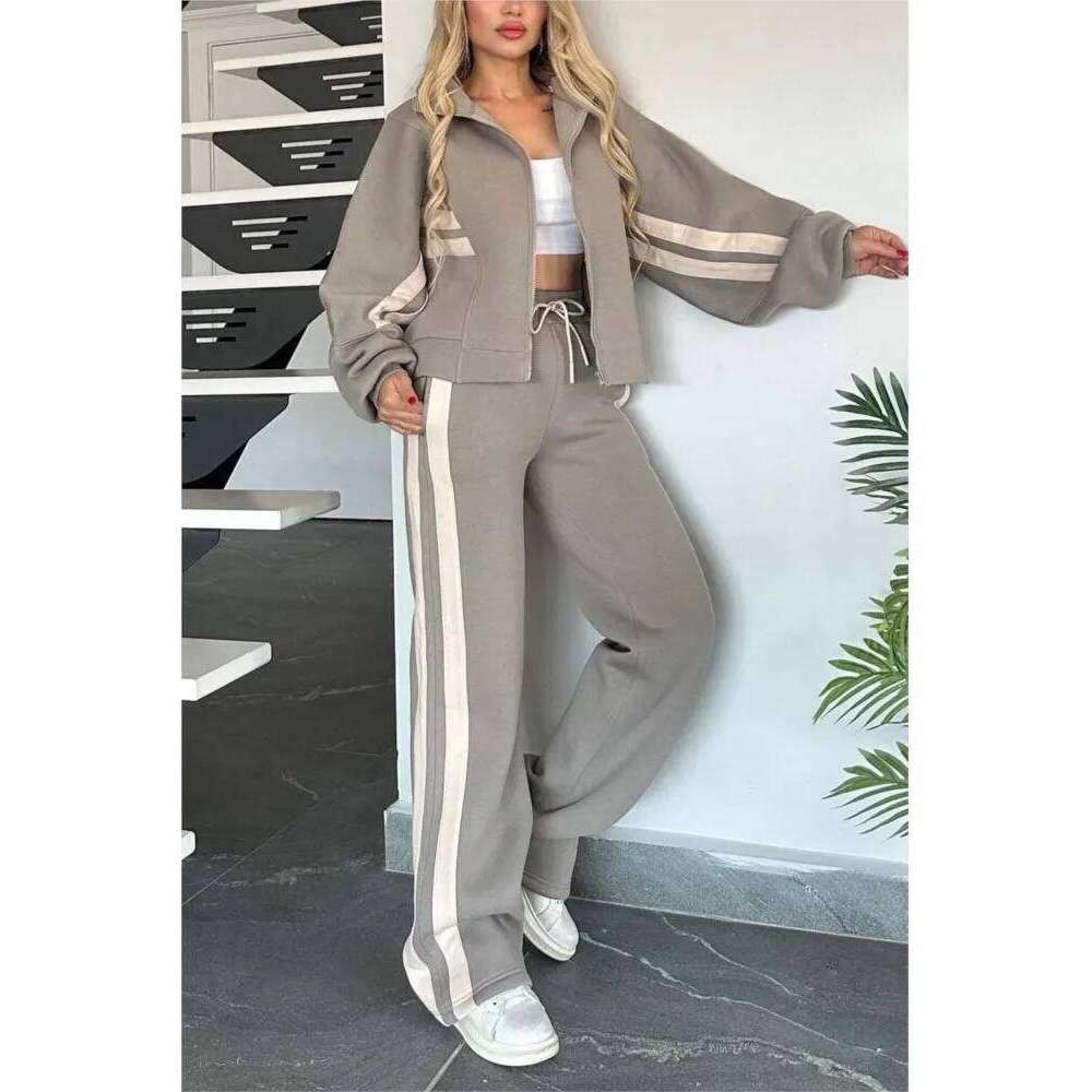 2025 Autumn Winter New Two-piece Set Women's Zipper Striped Loose Jacket Outwear And High Waist Side-striped Pants Sports Sets C260312