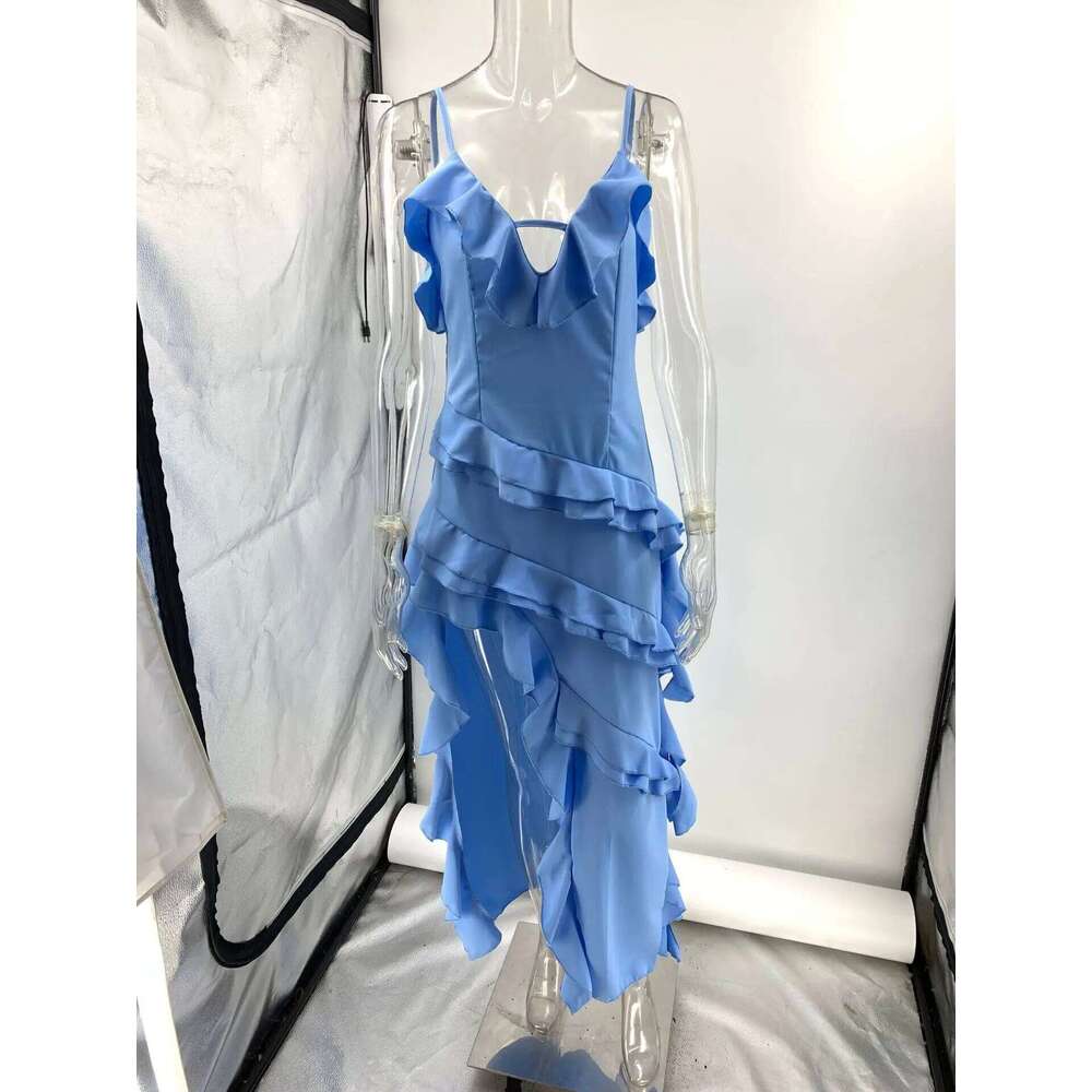 Woman Irregular Tassel Summer Trend Skinny Split Maxi Bodycon Birthday Party Clubwear Vestidos Blue Elegant Women Strap Dresses C260312