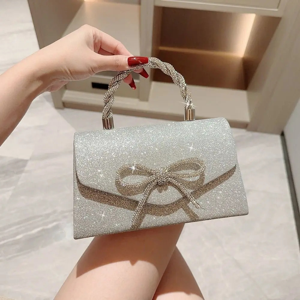 Fashion Rhinestone Bowknot Evening Bag Glitter Gold Silver Bow Chain Bag Clutch Bag for Women Female 260307