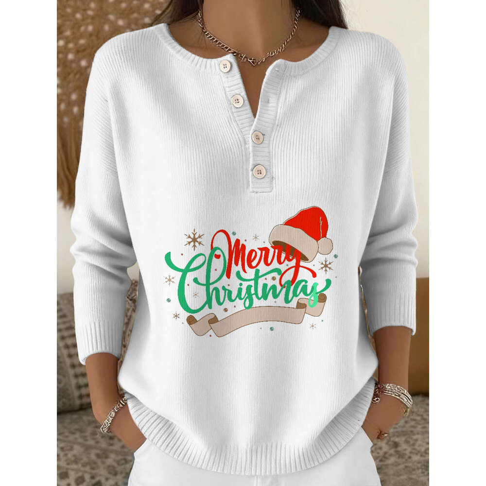 2026 New Christmas Autumn/winter European Print Women's Shoulder Down Cardigan Sweater