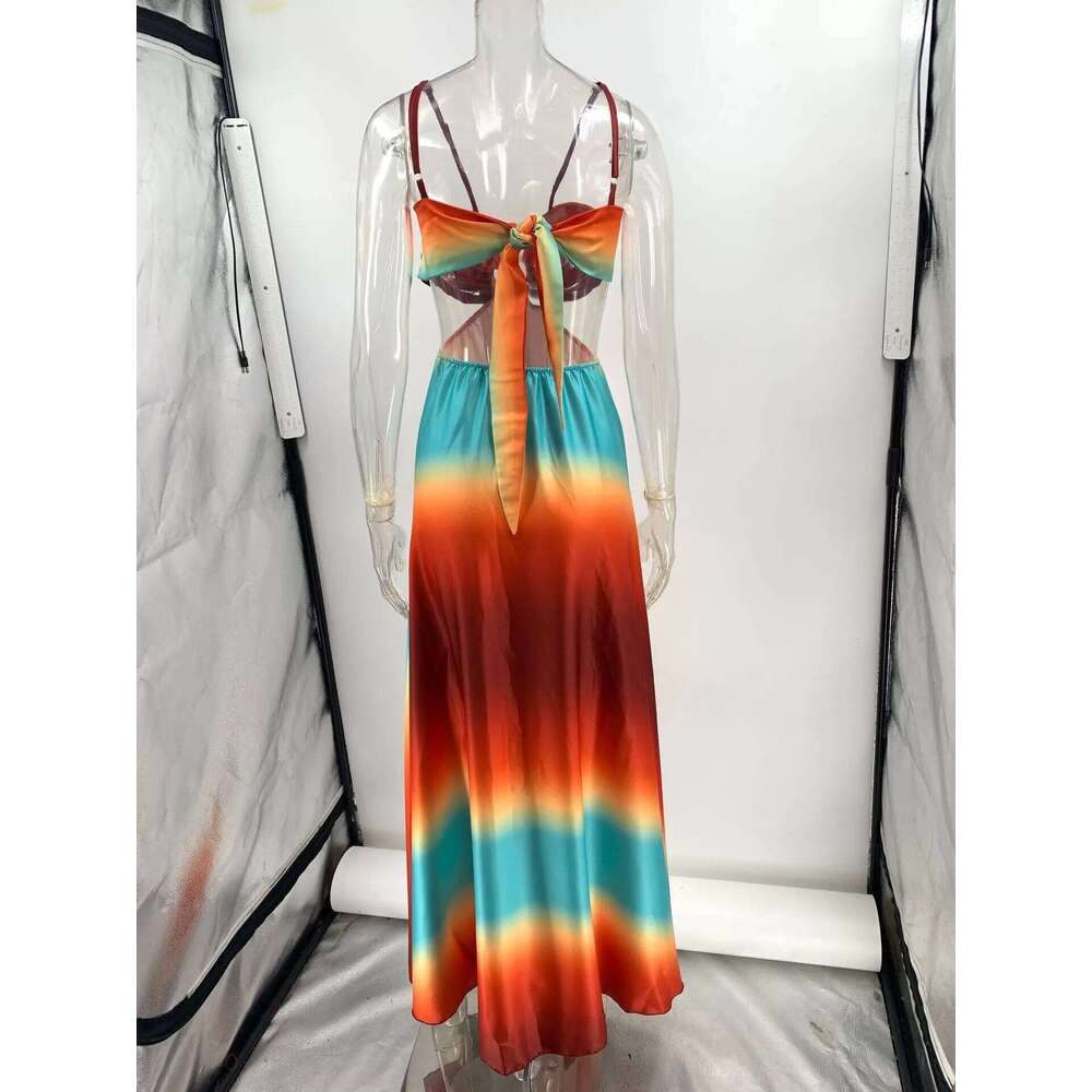 Sexy Gradient Hollow Out Maxi Dress Women Backless Sleeveless Sling Long Dresses 2025 Summer Vacation Boho Beach Satin Robes C260312