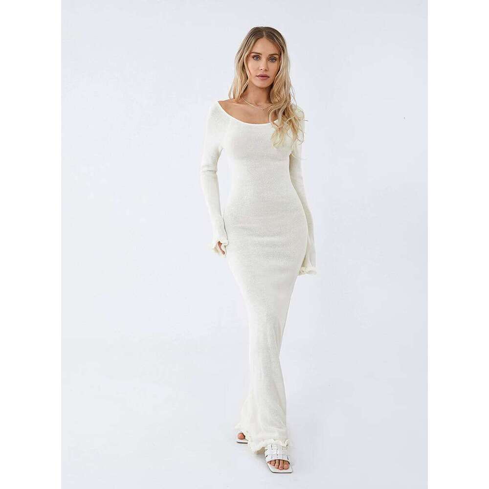 Women's Autumn Winter Knitted Bodycon Sleeve Tie Backless Round Neck Solid Color Ruffle Trim Long Dress Beachwear C260312