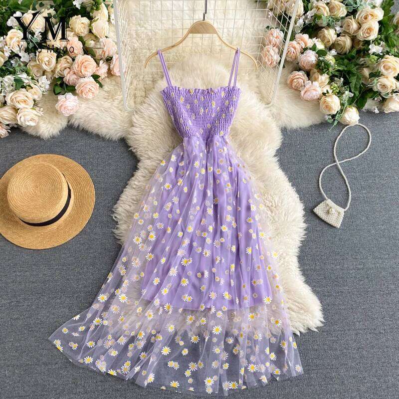 YuooMuoo Korean Fashion Daisy Flower Print Mesh Party Summer Two Layers Spaghetti Strap Vacation Midi Dress Beach Vestidos C260311