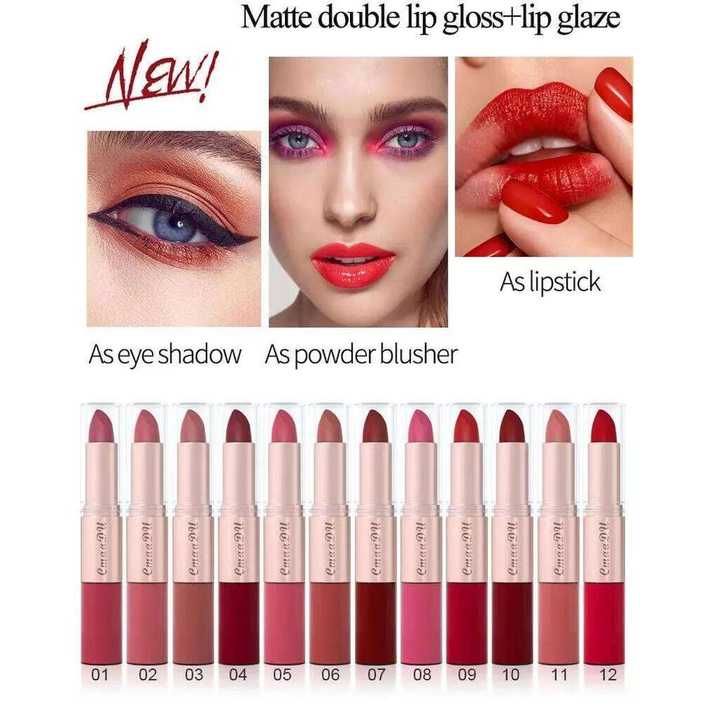 3 Pcs Long-Lasting Lipstick Lip Gloss Set-Double Headed Design for Natural Non-Fading Waterproof Non-stick Cup Exquisite Gift W260311