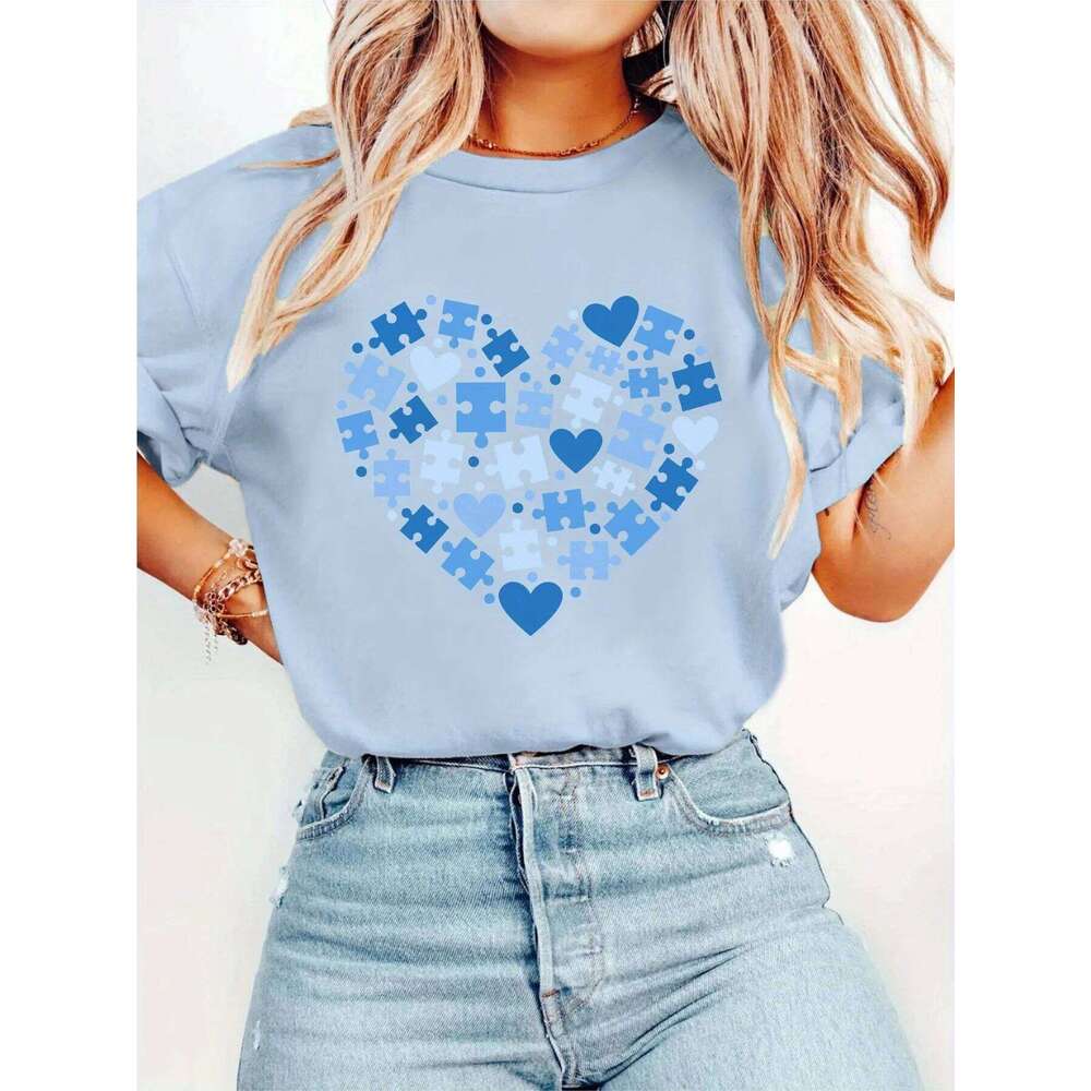 Women's light blue Autism Awareness Puzzle heart print T-shirt, short sleeve crew neck casual summer top Z260312