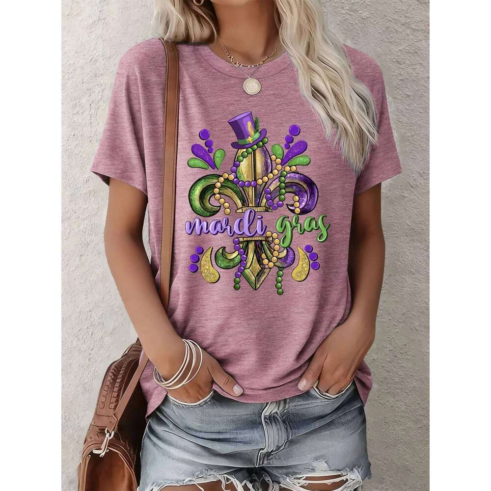 Womens Mardi Gras T Shirt New Orleans Golden Fleur De Lis Purple Top Hat Summer Short Sleeve Casual Party Gift 5 Colors Z260312