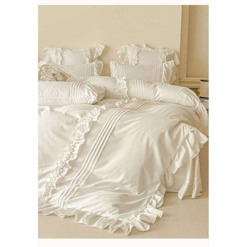 4Pcs Korean Princess Style Cotton 100% Bedding Set Duvet Cover 200x230 220x240 Solid Color Lace Bed Sheet pillowcases H260312