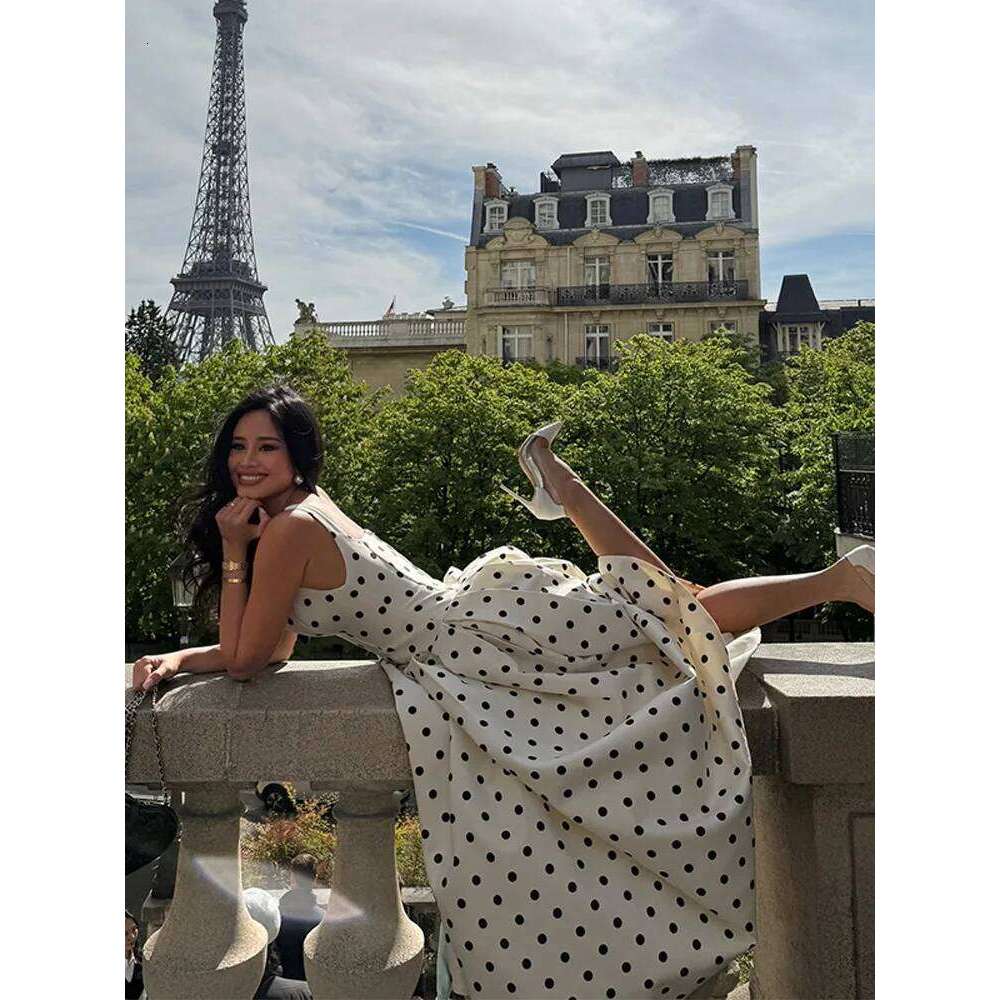 Elegant Polka Dot High Waist Party Dress Fashion Square Neck A-line Backless Sling New Summer Female Holidays Robes 2025 C260311