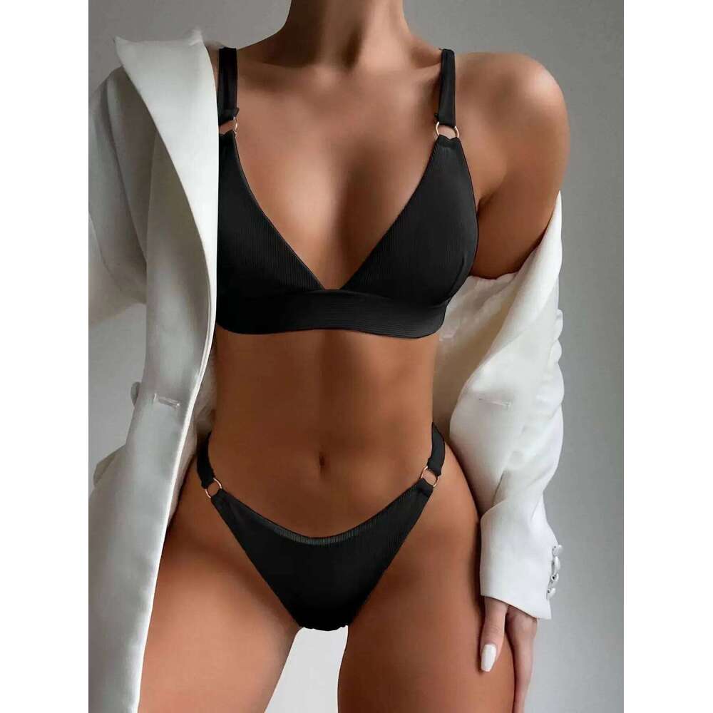 Sexy Ribbed Ring Bikinis Women 2024 New Swimsuit Push Up Swimwear Solid Bikini Set Summer Beach Brazil Biquini Swim Bathing Suit Y260303