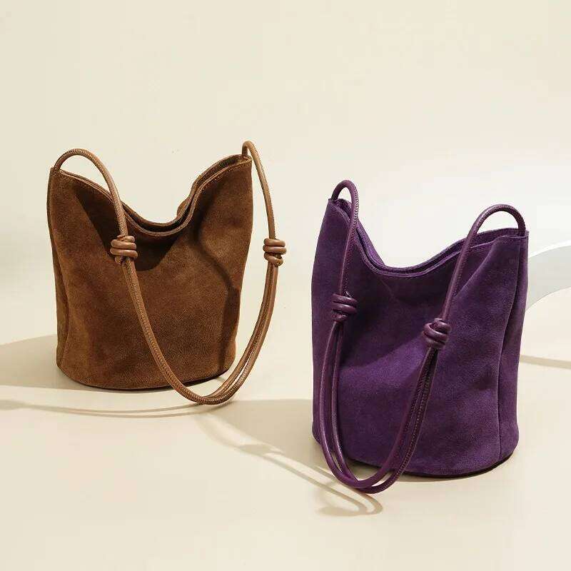 Genuine Leather Bucket Shoulder Bags For Women Soft Suede Tote Purse Handbags Ladies Commuter Satchels WONST