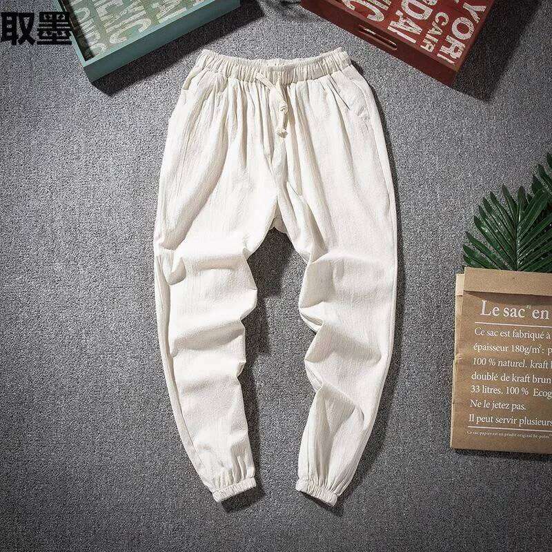 Spring Summer Thin Breathable Men Loose-Fit Straight-Leg Chinese Style Cotton Casual Linen Long Pants Pl