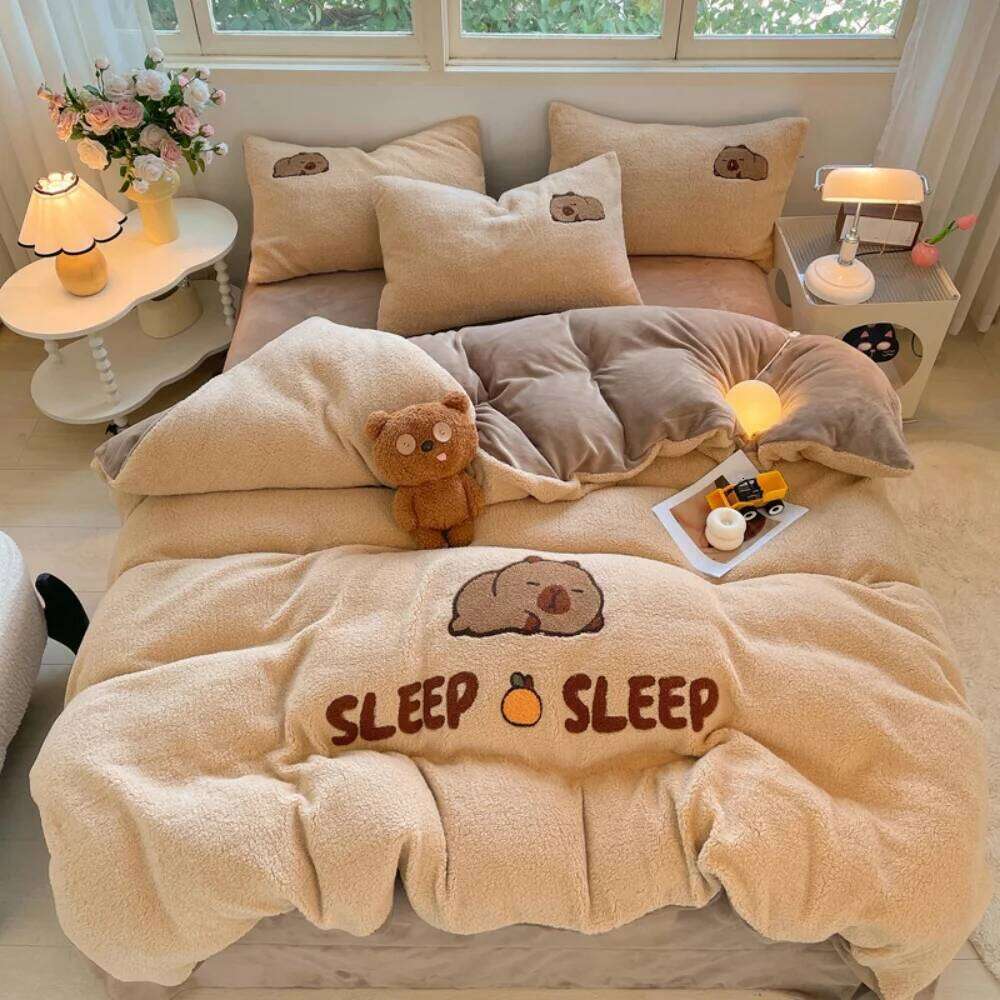 Embroidery Thickened Milk Fleece Bedding Winter Soft Warm Bedroom Decor Quilt Cover Bed Sheet Pillowcase Home Four-Piece Set H260312