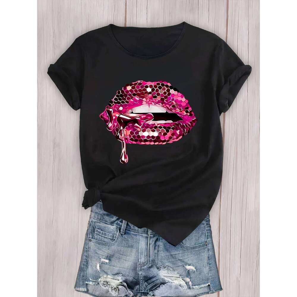 Crew Neck Workout Top Women's Activewear Lips Graphic Sports T-shirt Short Sleeve Casual Aesthetic Clothes Z260312