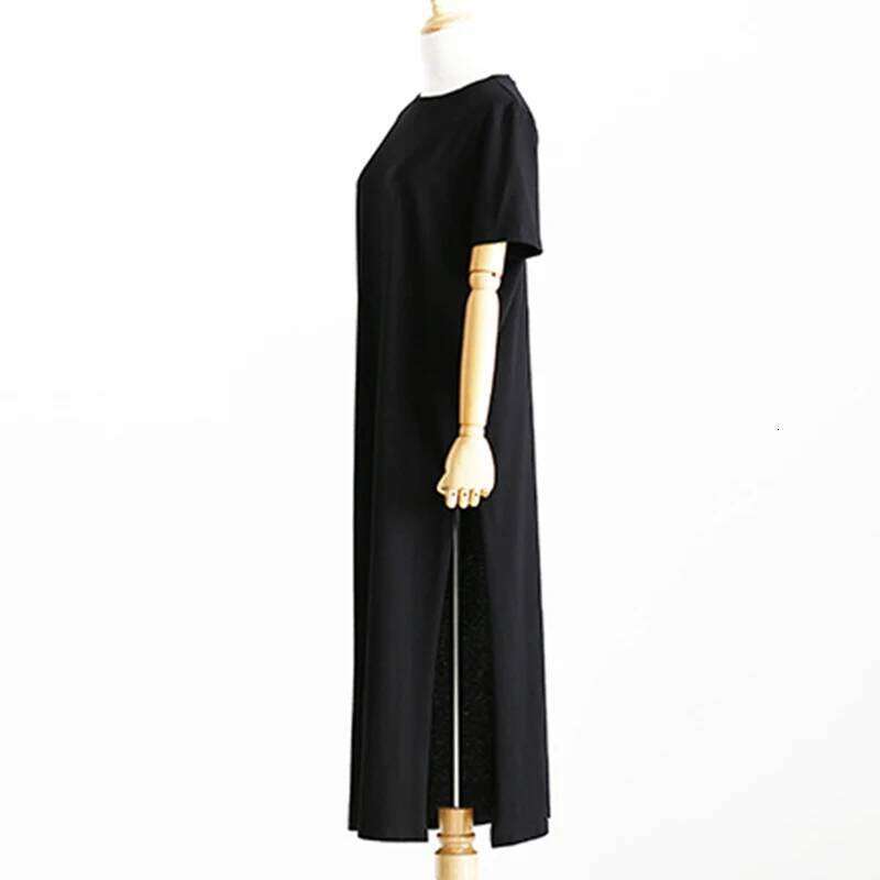 Summer Korean Style Midi Women Casual Black Long Dresses Short Sleeve Sexy Plus Size Side Open Party Maxi T Shirt Dress C260311