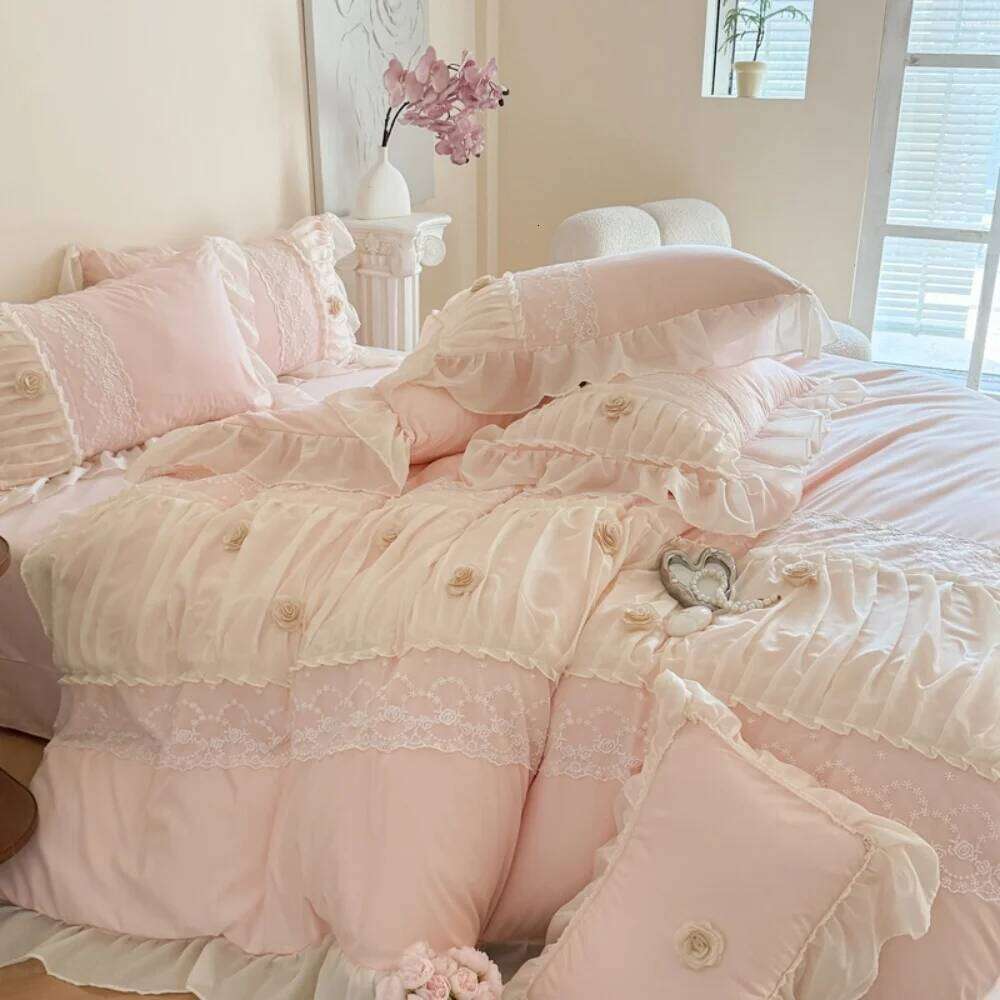 Princess Style Lace Ruffles Wedding Bedding Korean Soft Rose Flowers Four-Piece Set Duvet Cover Bed Sheet Pillowcase 4Pcs H260312