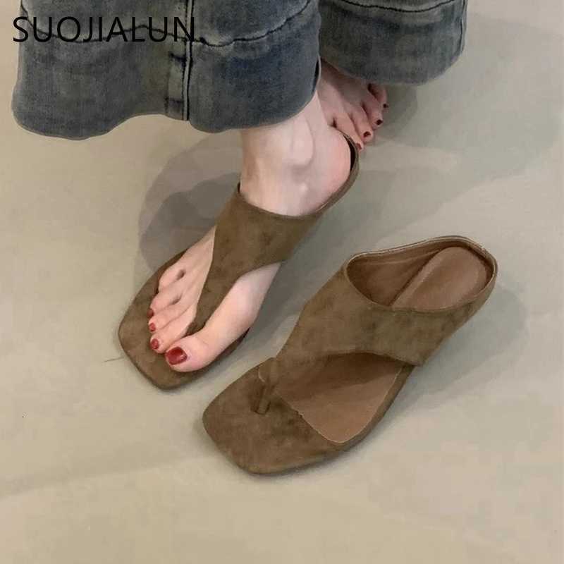 SUOJIALUN 2025 Summer New Women Flat Shoes Fashion Square Toe Slip On Flip Flop Shoes Thin High Heel Outdoor Dress Sandal Slides K260312