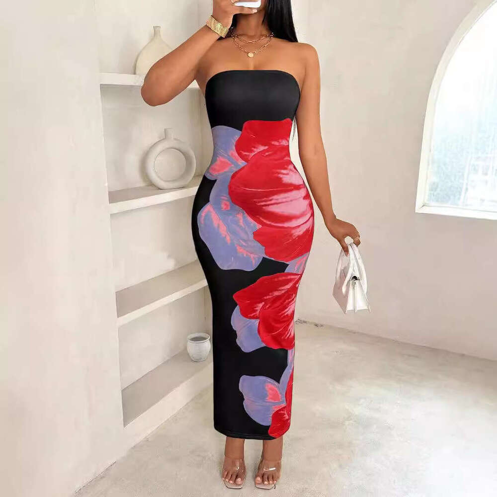 2025 European American cross-border new model Shein women's slim-fit off-shoulder dress with contrasting floral print, elegant and fashionable