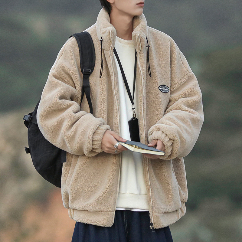 City Boy Cotton Jacket For Men Winter Fleece Lined Thickened Designer Hoodie Style Lamb Wool Coat Loose Trendy Stand Collar Cotton Jacket