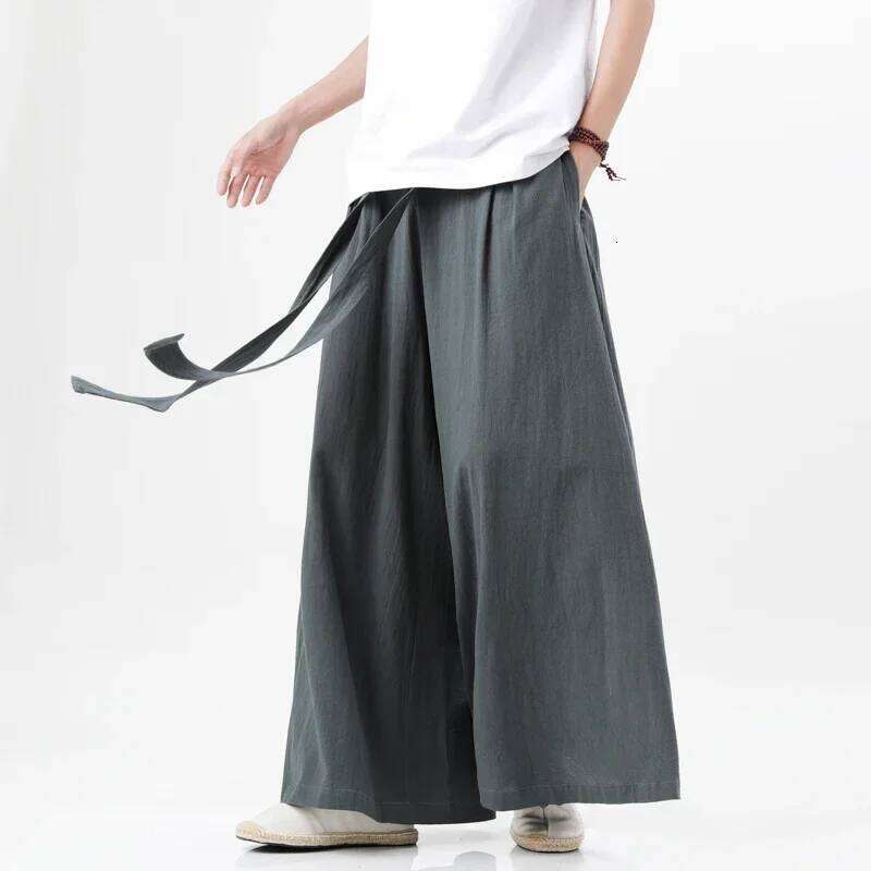2024 Spring Chinese Style Cotton Linen Harajuku Men Kung Fu Kimono Trousers Male Street Wushu Wide Leg Pants Bottom