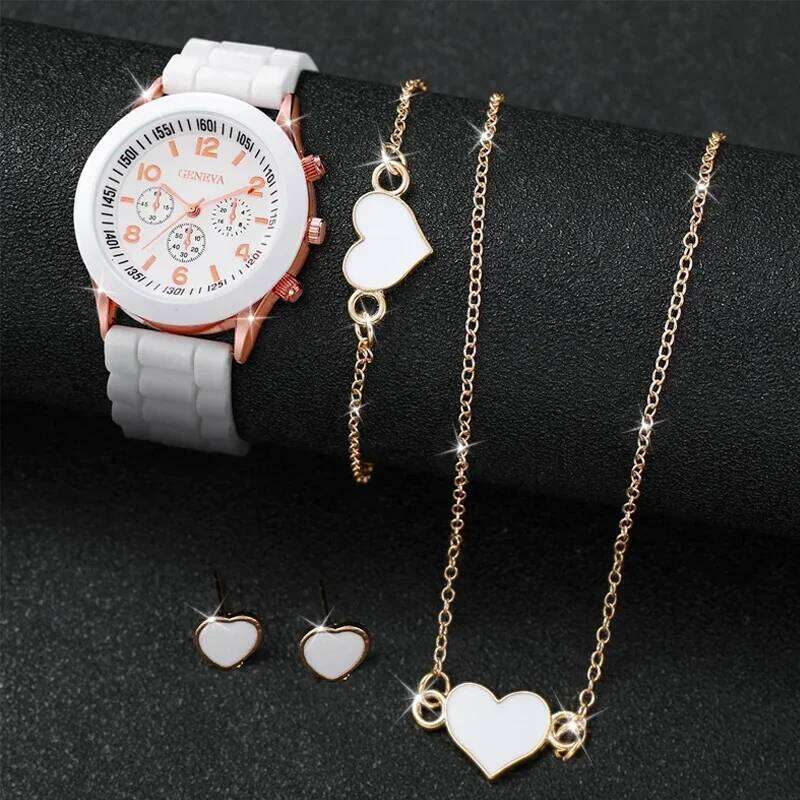 4PCS/Set Geneva Watch Fashion Silicone Band Women Watches Heart Jewelry Set Without Box