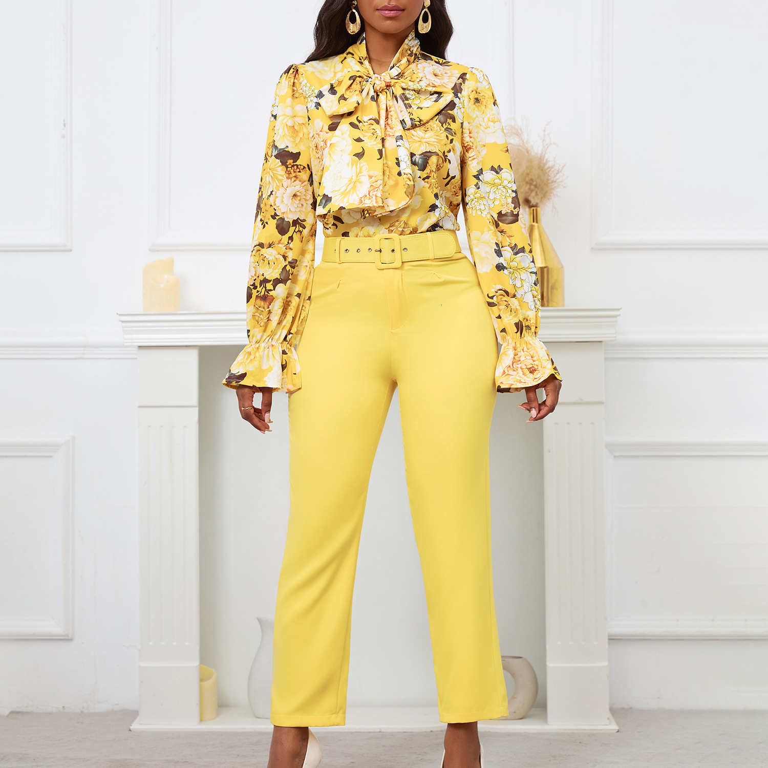 D457 New Fashion Printed Tie-Strap Long-Sleeve Top and High-Waisted Casual Pants Set