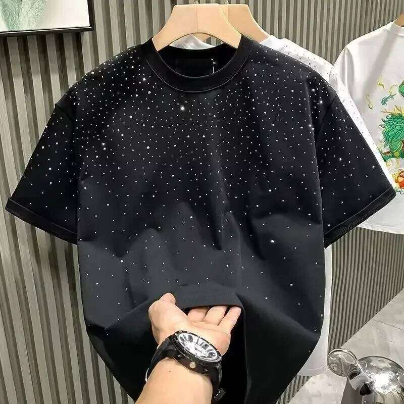 Men Clothing Summer Rhinestone Rivet Round Neck Casual T-shirt Korean Version Men's Short Sleeves Tee 26H0312