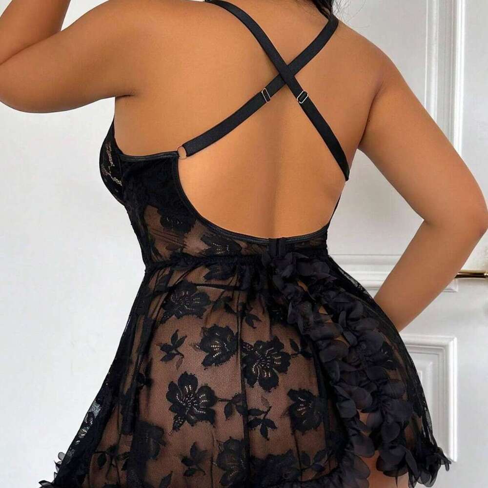 Women Black Lace Sheer Corset Dress with Cross-Back Straps and Floral Embellishments Sexy Nightwear for Party, Date, or Romantic Wear