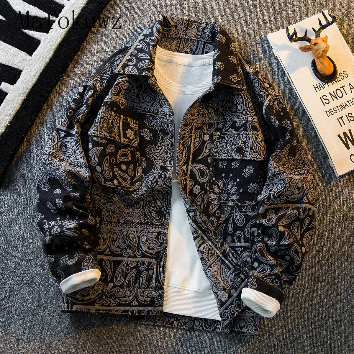 Autumn Retro Ethnic Style Jacquard Denim Jackets Mens Handsome Loose Casual High Street Workwear Jacket Tops Male Clothes 260304