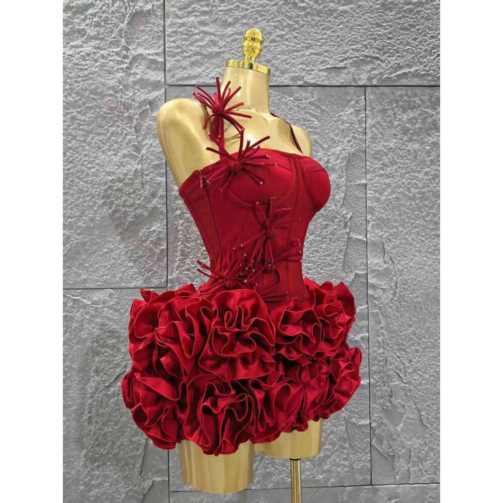 Red Color Women Sexy Halter Full Florals 2 Pieces Bodycon Mini Bandage Celebrate Nightclub Party Birthday Dress C260312