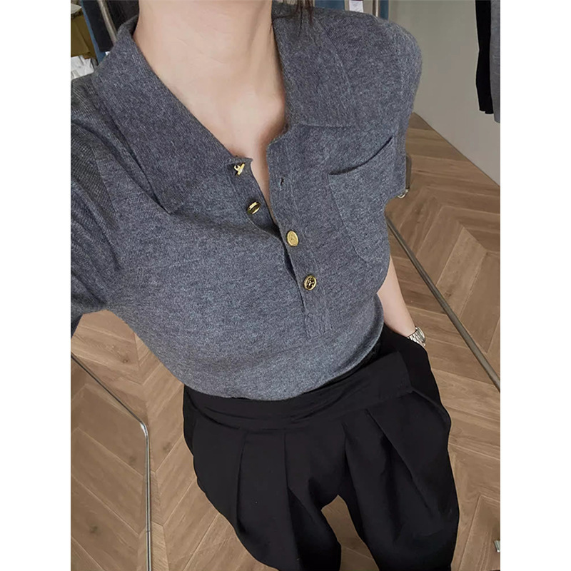 French-style Polo Collar Gray Polo Shirt Knit Top For Women Designer Designer Shirt Hoodie Summer Short Style High-end And Elegant Ice Silk Regular Sh
