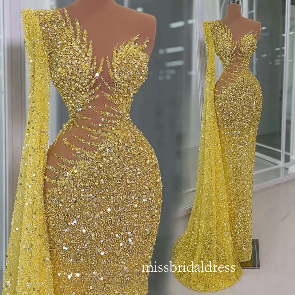 Prom Evening Dresses Illusion Mermaid Promdress Beaded One Shoulder Sequined Lace Pearls Second Receptio D0312