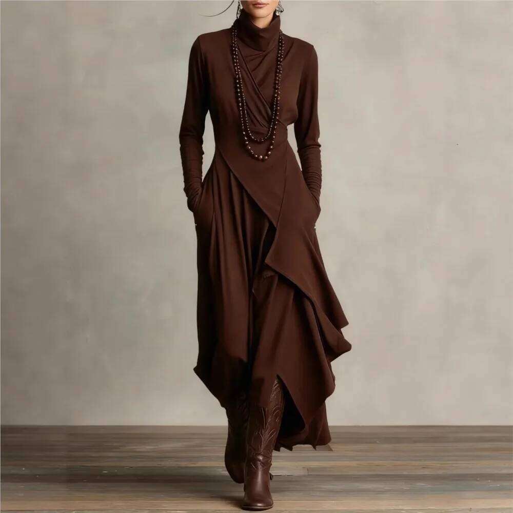Irregular Solid Color Sleeve Spring Autumn Women's New Cross High Neck Long Dress Vestidos Para Ropa Mujer C260312