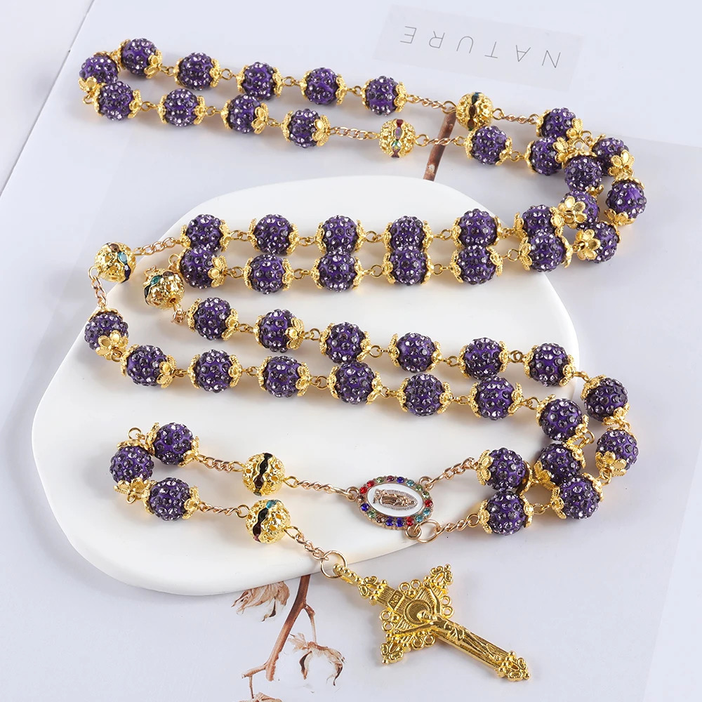 2025 Vintage Catholic 10mm 59 Crystal Rhinestone Beads Cross Necklace 260311