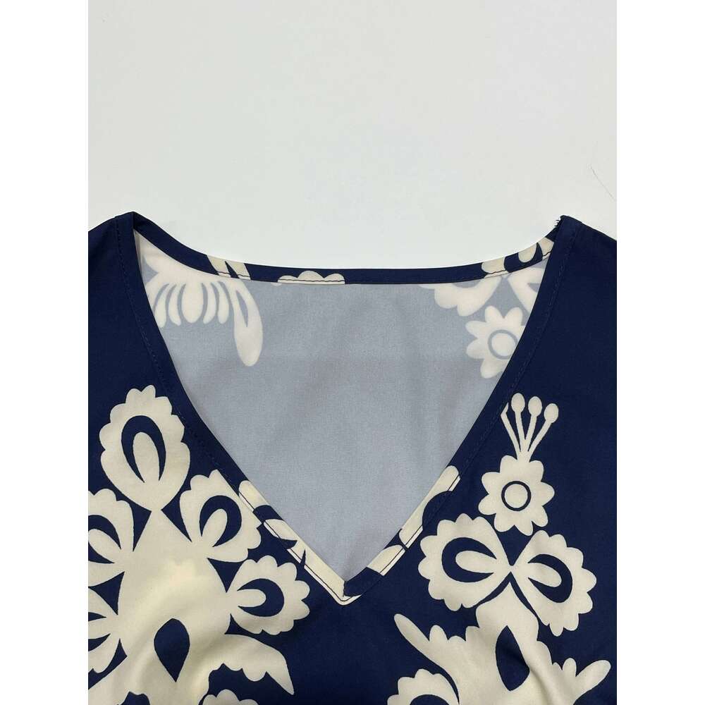 Women's V Neck Ruffle Hem A-Line Dress, Elegant All over Print, Elastic Waist, Moderate Fabric, Casual Vacation Wear C260312