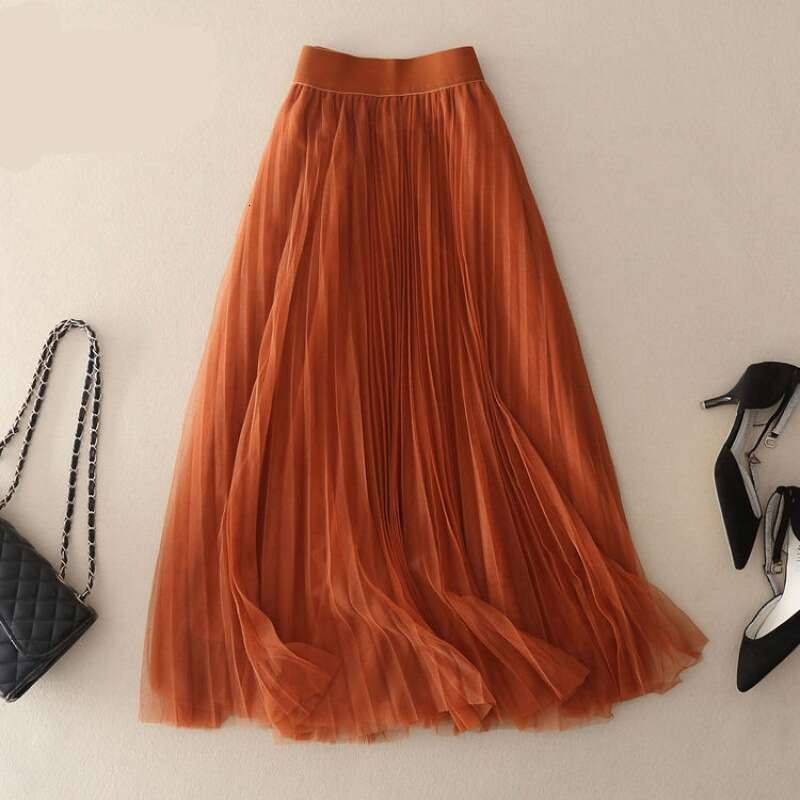 Pleated half-length A-line loose-fitting, large-hemmed, puffy mid-length plus-size mesh long skirt, all-season skirt