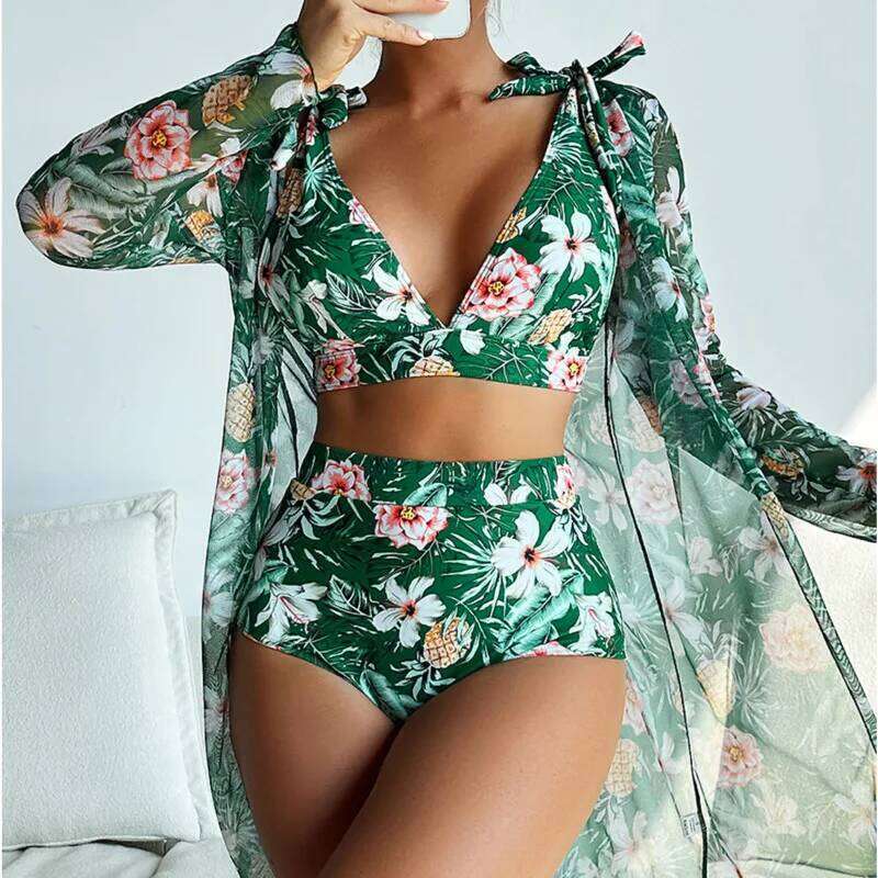 Bikini Print Swimsuits 2026 Female Swimwear Push Up For Beach Wear Three-Piece Bathing Suits Pool Bather Women's Swimming Suit Y260303