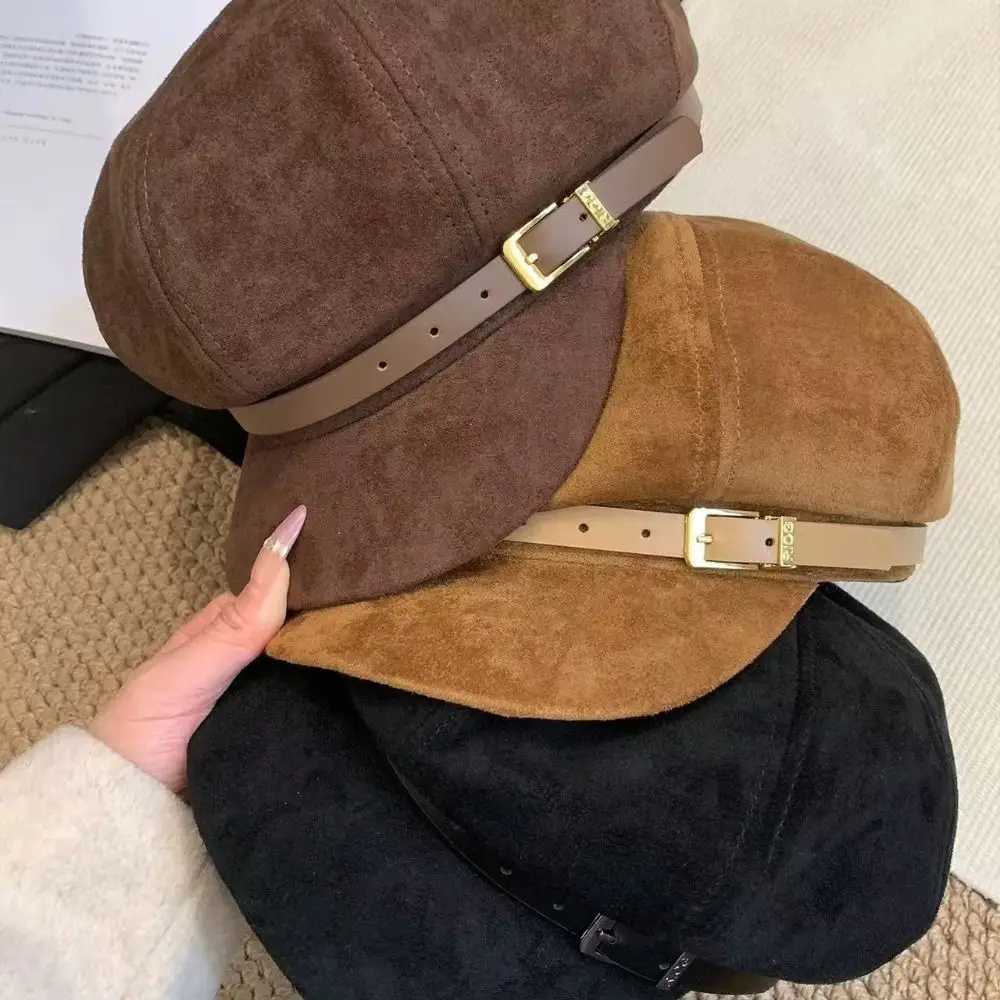Fashion British Style Pu Leather Beret Belt Buckle Retro Suede Octagonal Hat Artist Hat Brown Painter Hat Girl H260312 - view 5