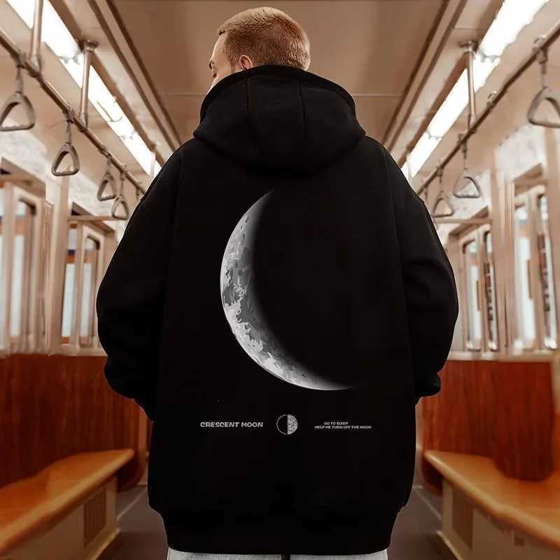 M-8XL American Style Street Crescent Print Oversized Hoodie Long-sleeve Loose Hoodie Students Large Soft Velvet Hooded Sweater M260312