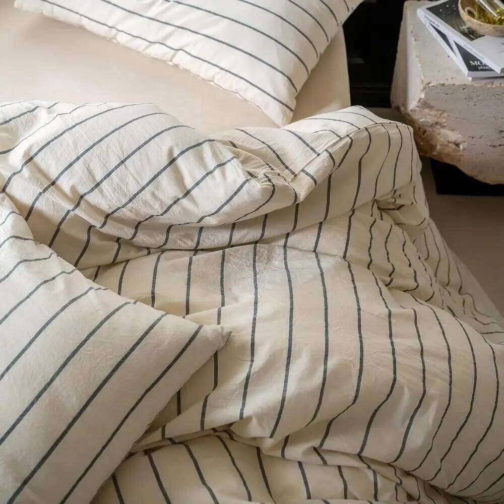 Queen Size Beige Cotton Striped Duvet Grey Stripes, 3-Piece Comforter Cover Set with Zippered Closure H260312