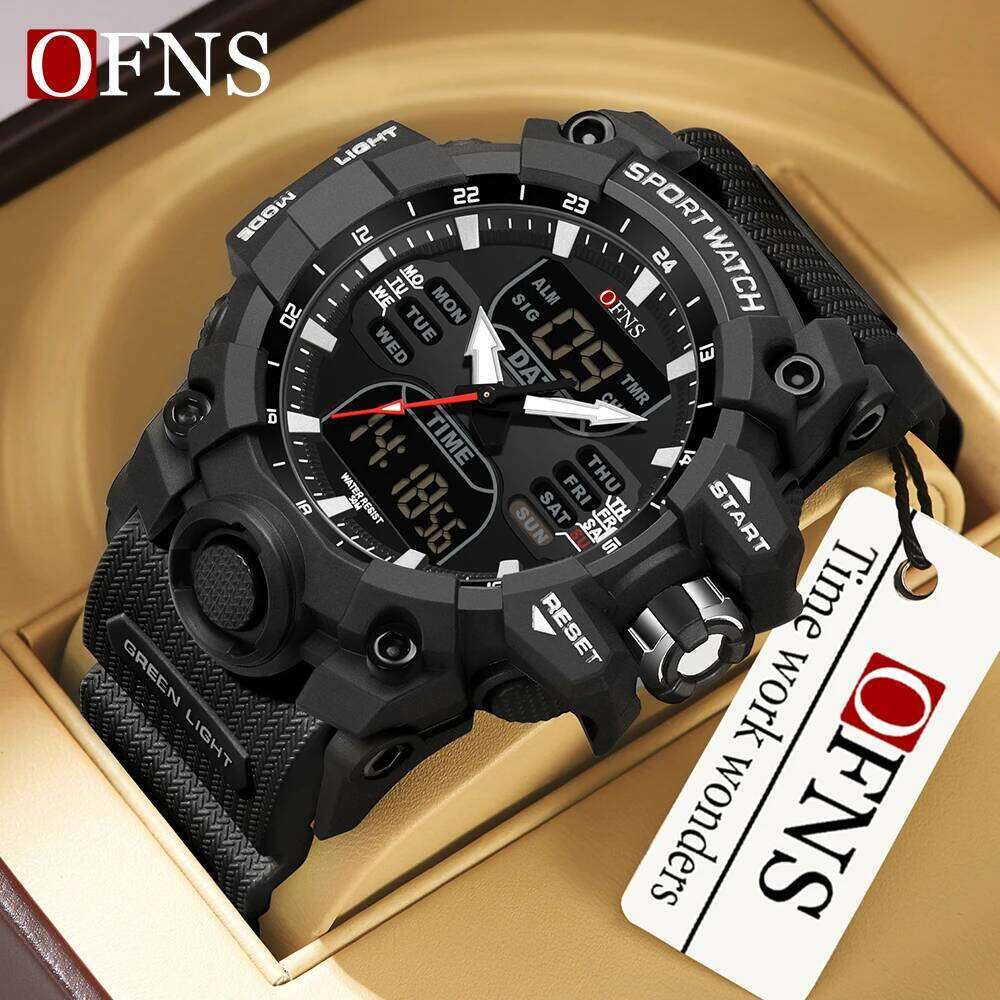 OFNS 6126 Dual Display Waterproof Sports Military Alarm Stopwatch Quartz Watch Men's Digital Clock