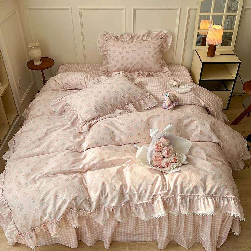 Korean Princess Style Ruffles Flower Print Bedding Duvet Cover Set Bed Skirt Bedspread Pillowcases 100% Cotton Home Textile H260312