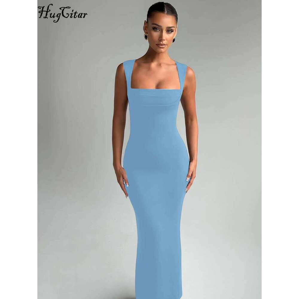 Hugcitar Elegant Solid Square Collar Straps Sexy Bodycon Maxi Prom Dress Summer Women Y2K Clothes Evening Party Birthday C260312