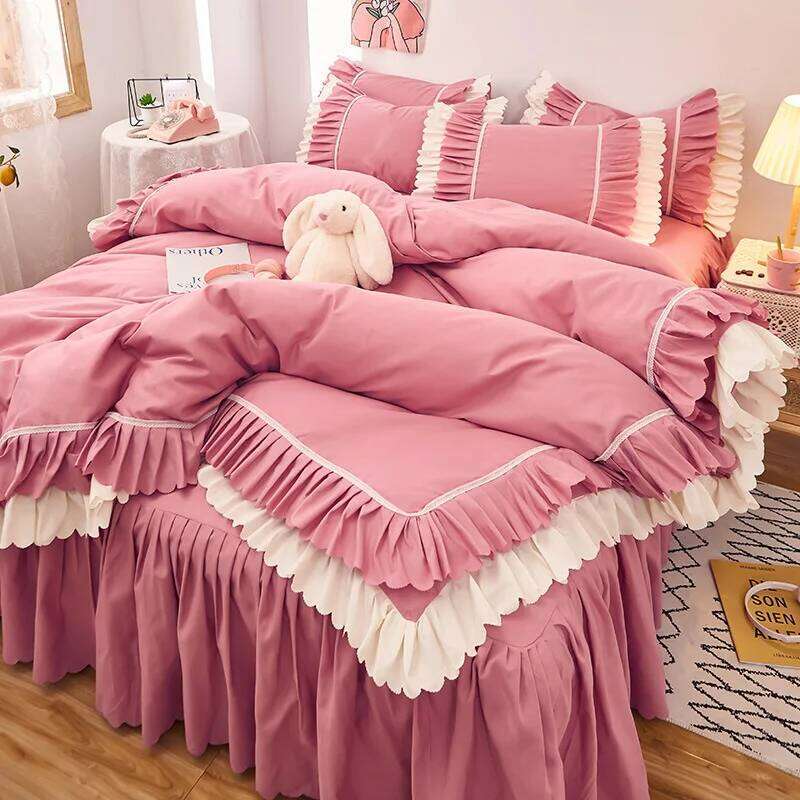 Pink Lace Ruffle Bedding Set Bed Skirt Sheet Korean Duvet Cover Girls Princess Bedspread Pillowcases H260312
